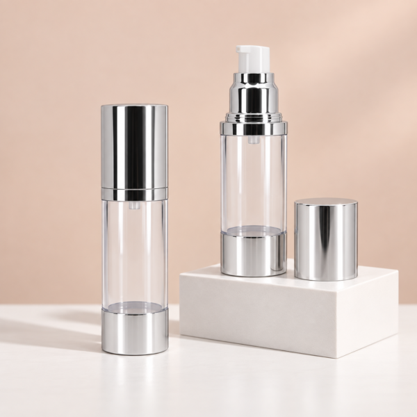 <b>Airless Pump Bottle, Aluminum Cap and Base</b><br> 15ml, 20ml, 25ml, 30ml, 40ml, 50ml, 60ml, 80ml,100ml, 120ml <br> SKU: 65AB-JY102F