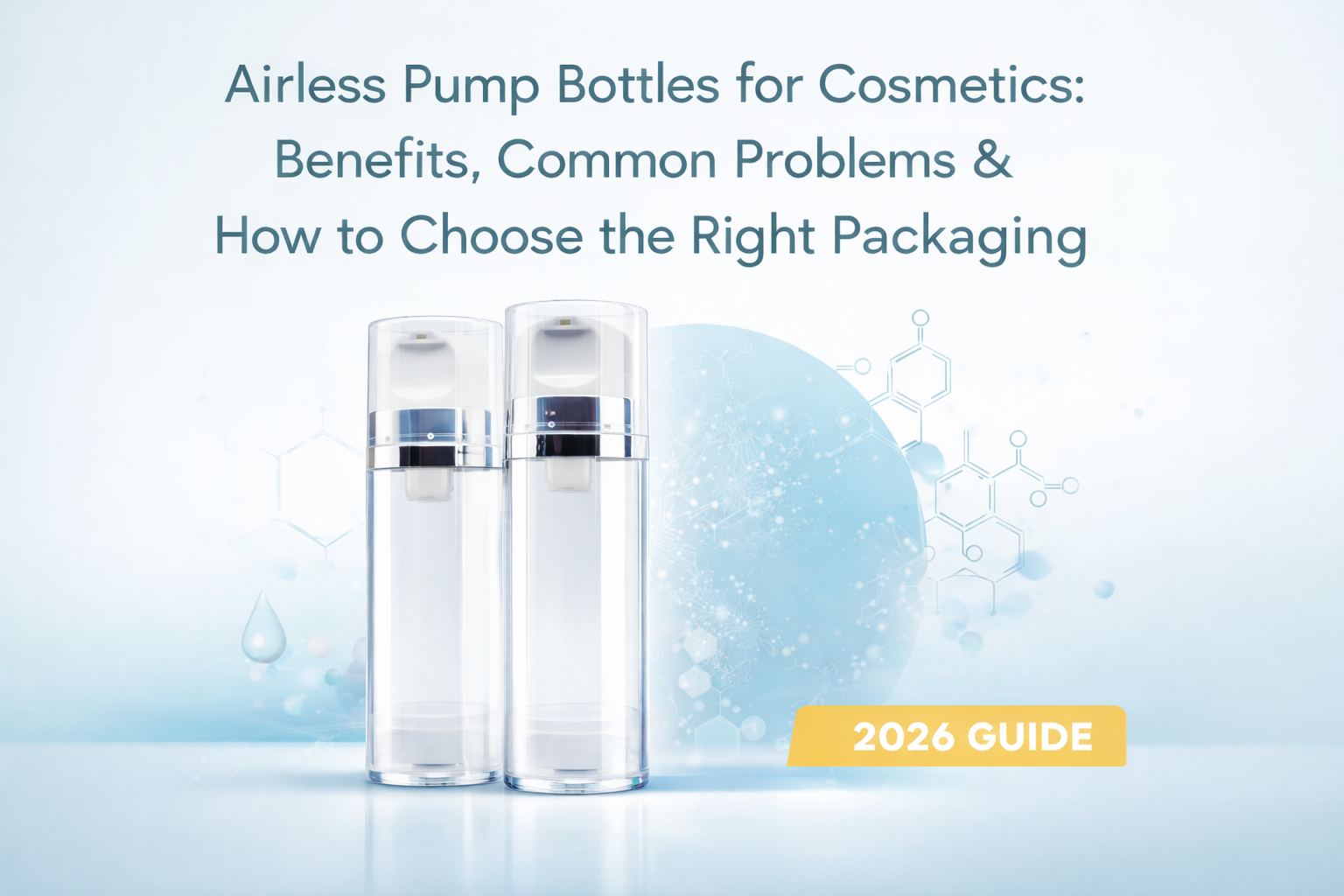 Airless pump bottles for cosmetics packaging showing two clear vacuum dispenser bottles
