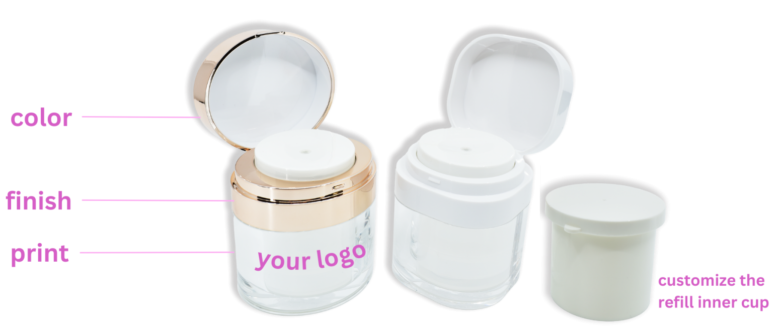 custom refillable airless pump jars, shiny gold airless pump, custom color, finish, print, customizable skincare packaging solutions, eco-friendly