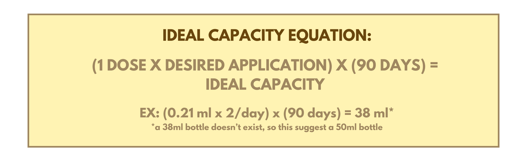 equation to determine ideal bottle capacity, 1 dose x desired application x 90 days = ideal capacity, how-to determine right bottle size