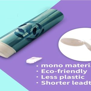 A mono-material eco-friendly squeeze tube with a flip-top cap, featuring a sleek blue design with leaf patterns, emphasizing sustainability and reduced plastic use.