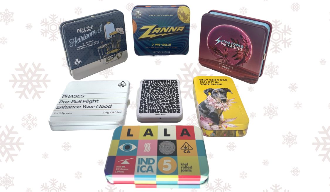 Collection of cannabis pre-roll tins featuring custom designs from various brands
