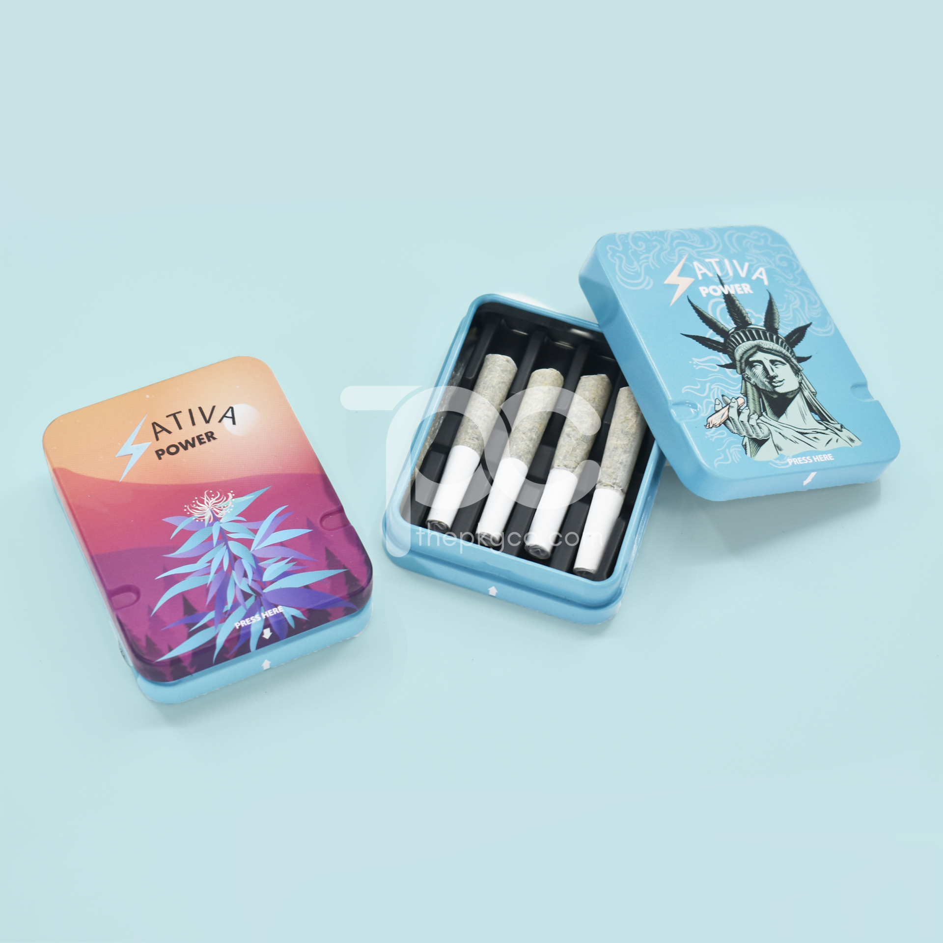 Sativa Power Pre-Roll Tins Sativa Power branded pre-roll tins in blue color with vibrant cannabis-themed designs