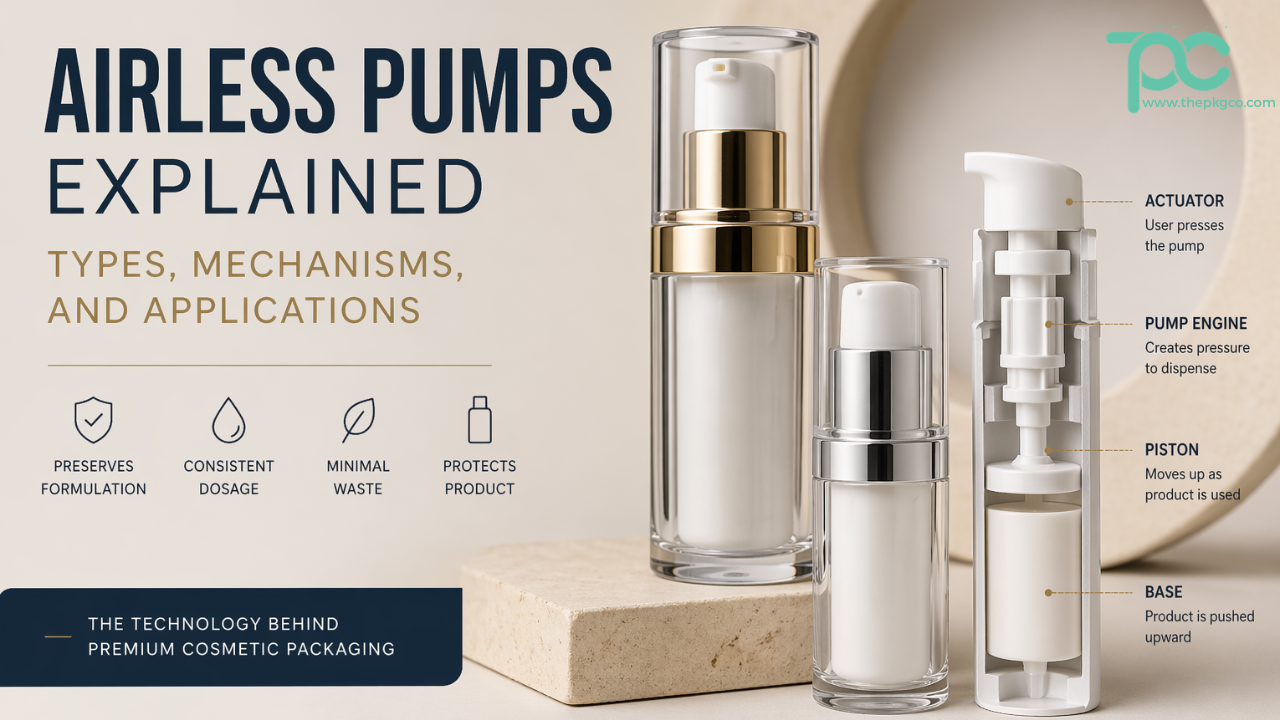 Airless pump mechanism diagram with cosmetic bottle components showing actuator piston and dispensing system
