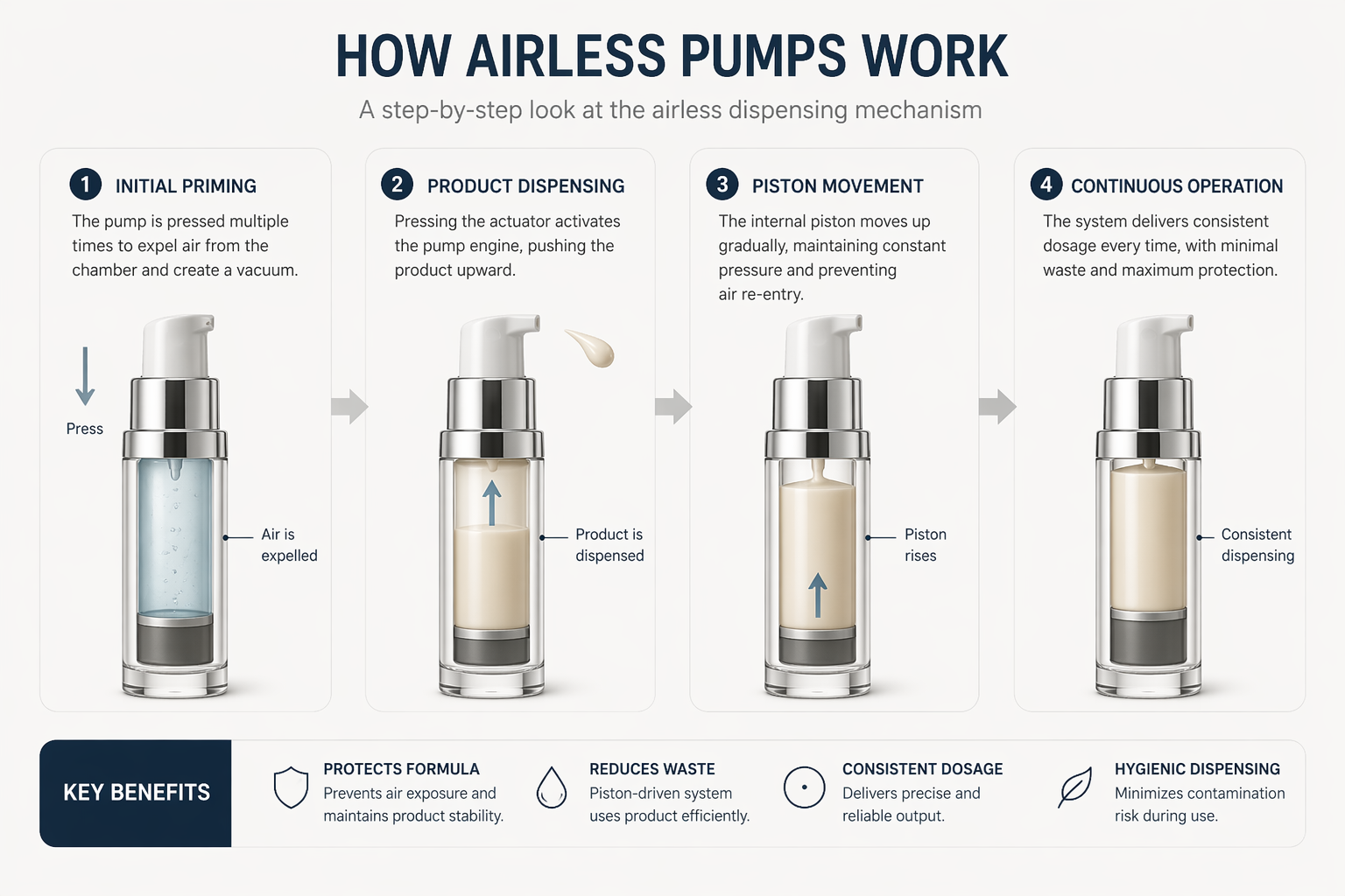 Airless pump diagram showing how piston mechanism dispenses cosmetic product step by step