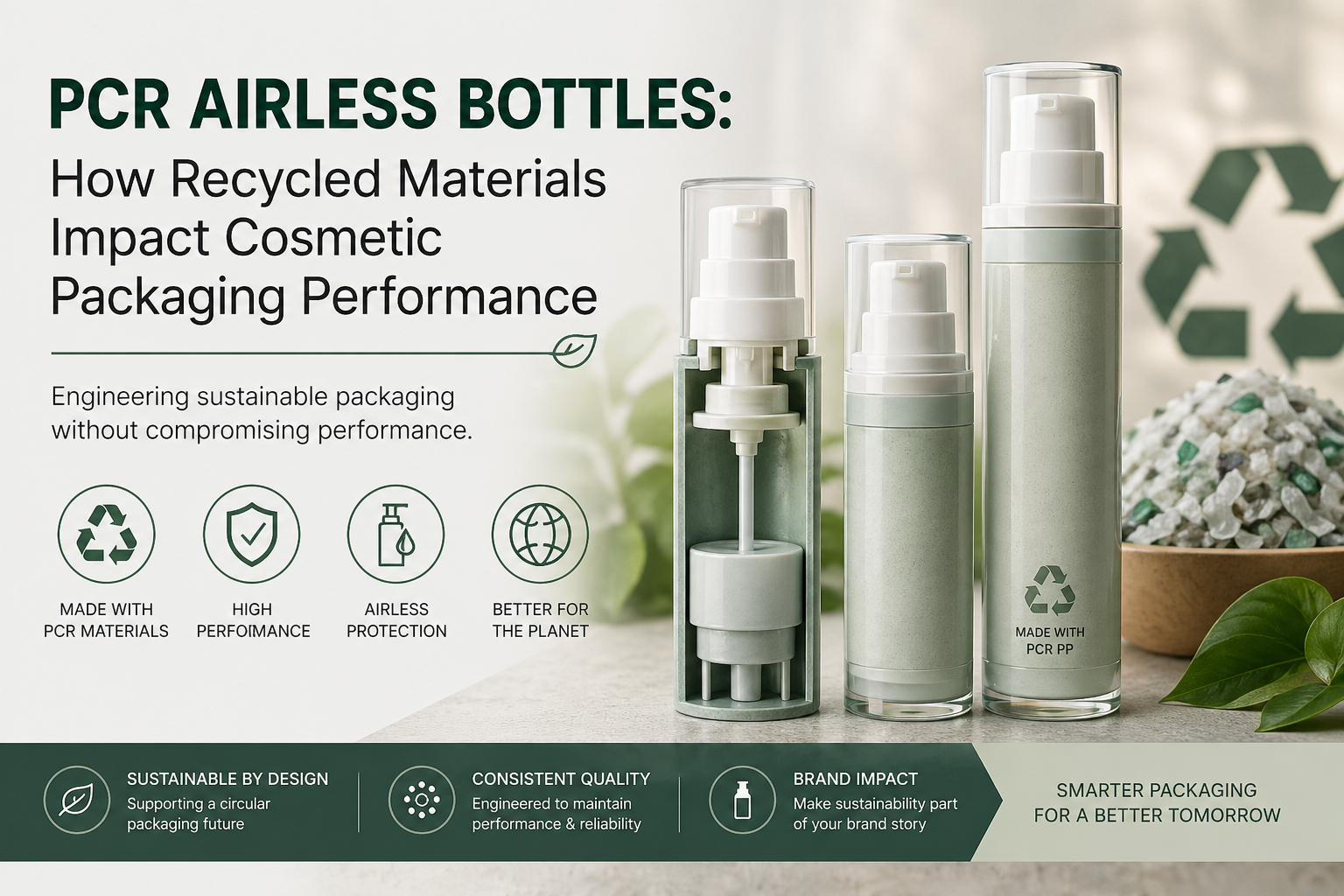 PCR airless bottles made with recycled materials for cosmetic packaging performance