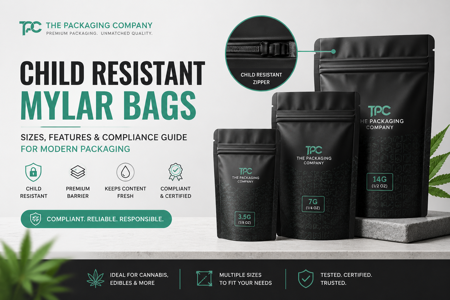 child resistant mylar bags packaging sizes and zipper mechanism