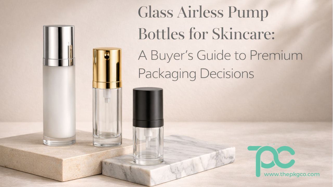 Luxury glass airless pump bottles for skincare displayed on marble platforms with premium minimalist design