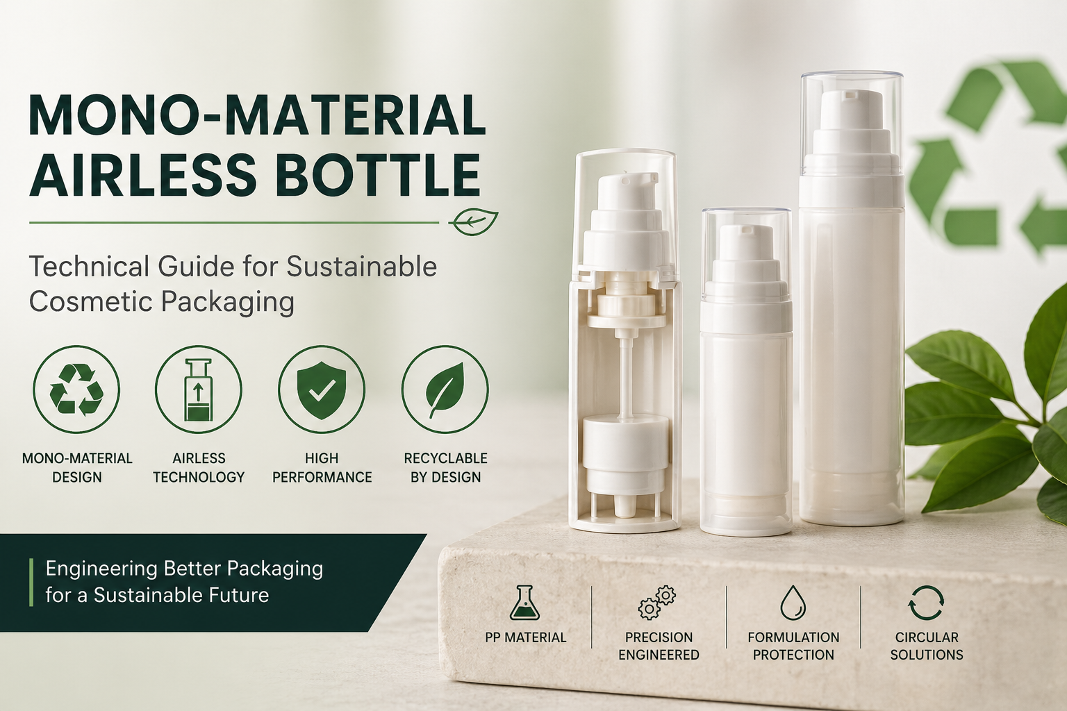 Mono material airless bottle design with recyclable PP packaging and airless pump mechanism for cosmetic products