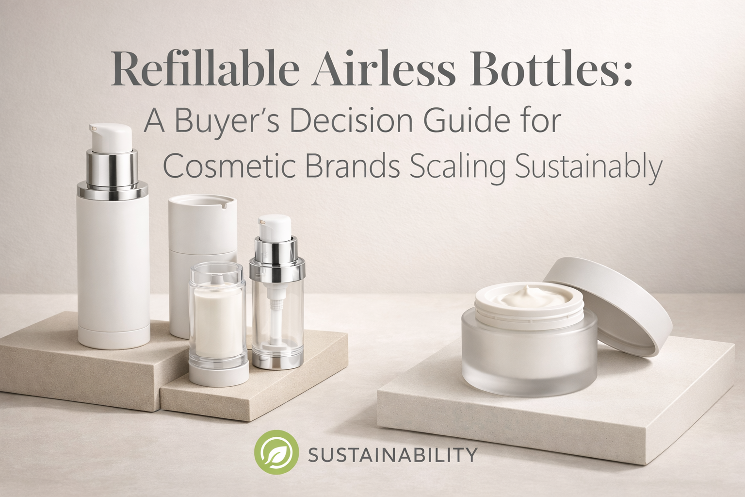 Refillable airless cosmetic bottles and jar with modular inner cartridges on neutral platforms, showcasing sustainable packaging design