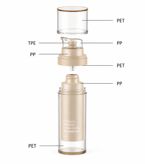 <b>Refillable All Plastic PET Airless Bottles for Sustainable Cosmetic Packaging </b><br> 15ml, 30ml, 50ml, 80ml, 100ml <br>SKU: 869AB-SR-2129 - Image 5