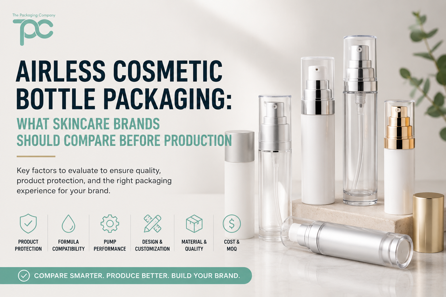 Airless cosmetic bottle packaging comparison guide for skincare brands, showing airless pump bottle options and key production factors.