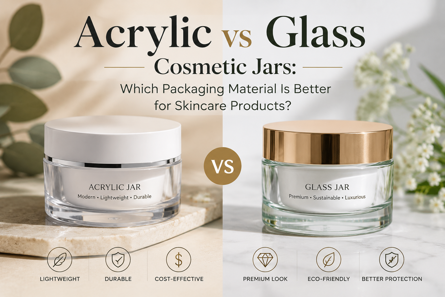 Acrylic vs glass cosmetic jars comparison for skincare packaging showing luxury glass jars and lightweight acrylic jars