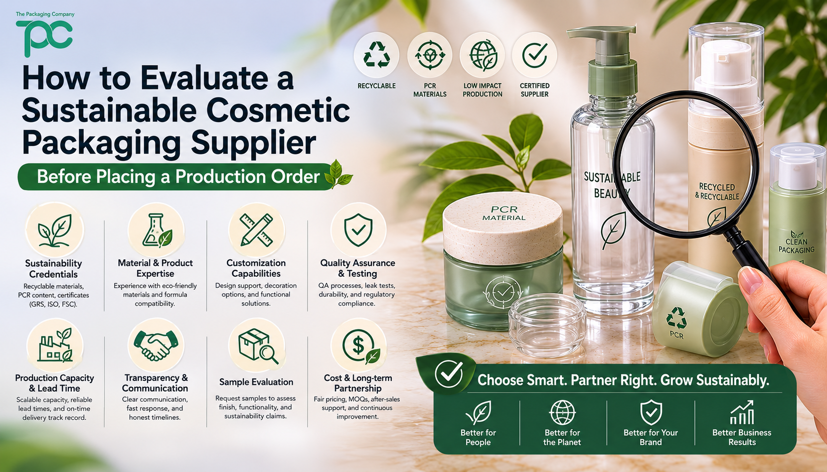 Sustainable cosmetic packaging supplier evaluation guide for beauty brands, showing eco-friendly packaging materials and production order checklist.