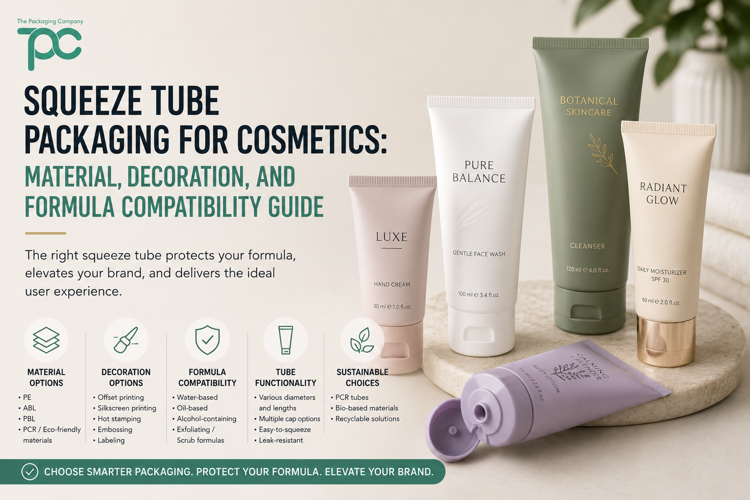 Squeeze tube packaging for cosmetics, showing tube material options, decoration finishes, and formula compatibility considerations for skincare brands.