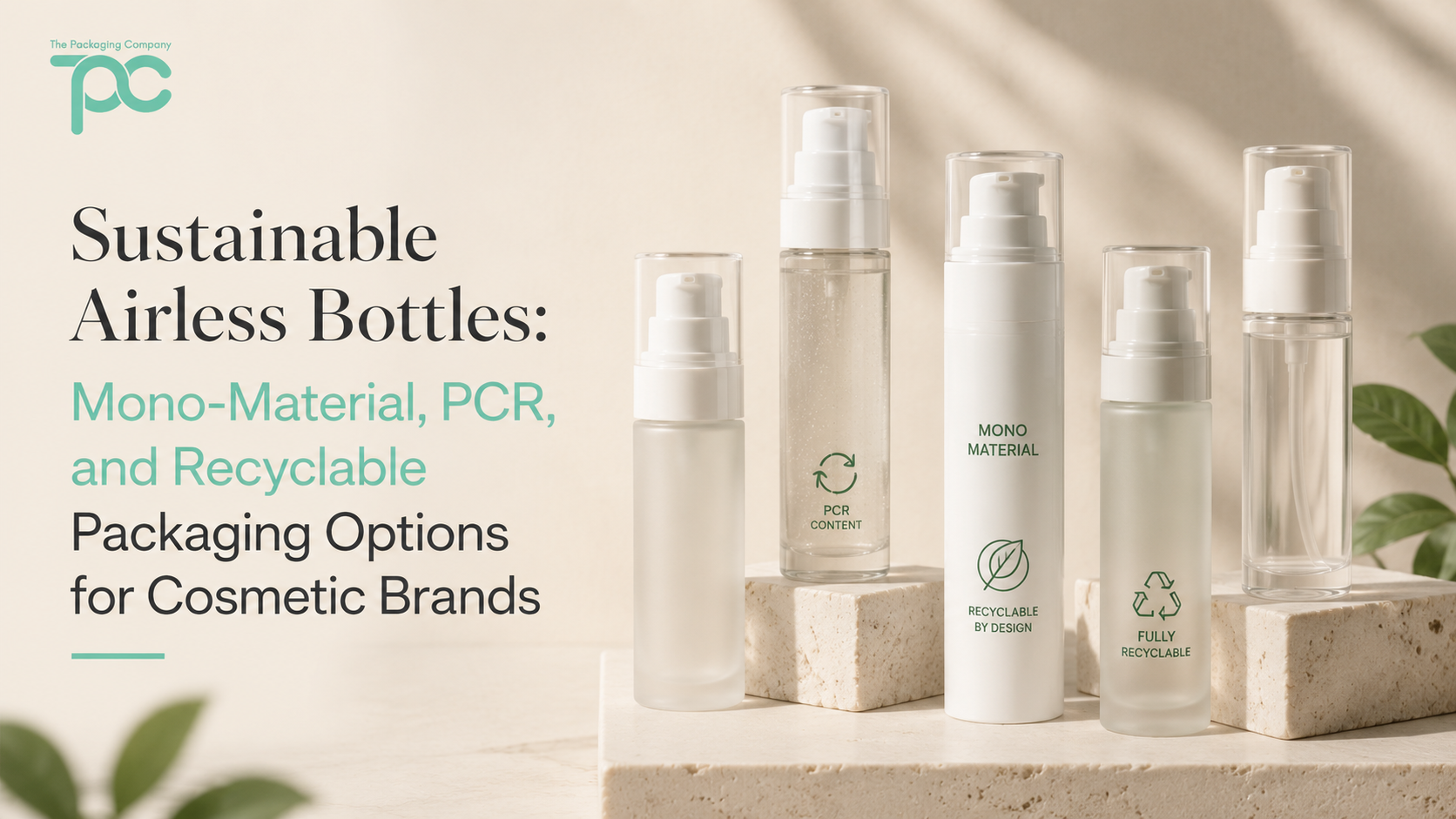 Sustainable airless bottles for cosmetic brands, showing mono-material, PCR, and recyclable airless packaging options.