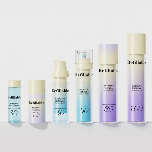 <b>Refillable All Plastic PET Airless Bottles for Sustainable Cosmetic Packaging </b><br> 15ml, 30ml, 50ml, 80ml, 100ml <br>SKU: 869AB-SR-2129
