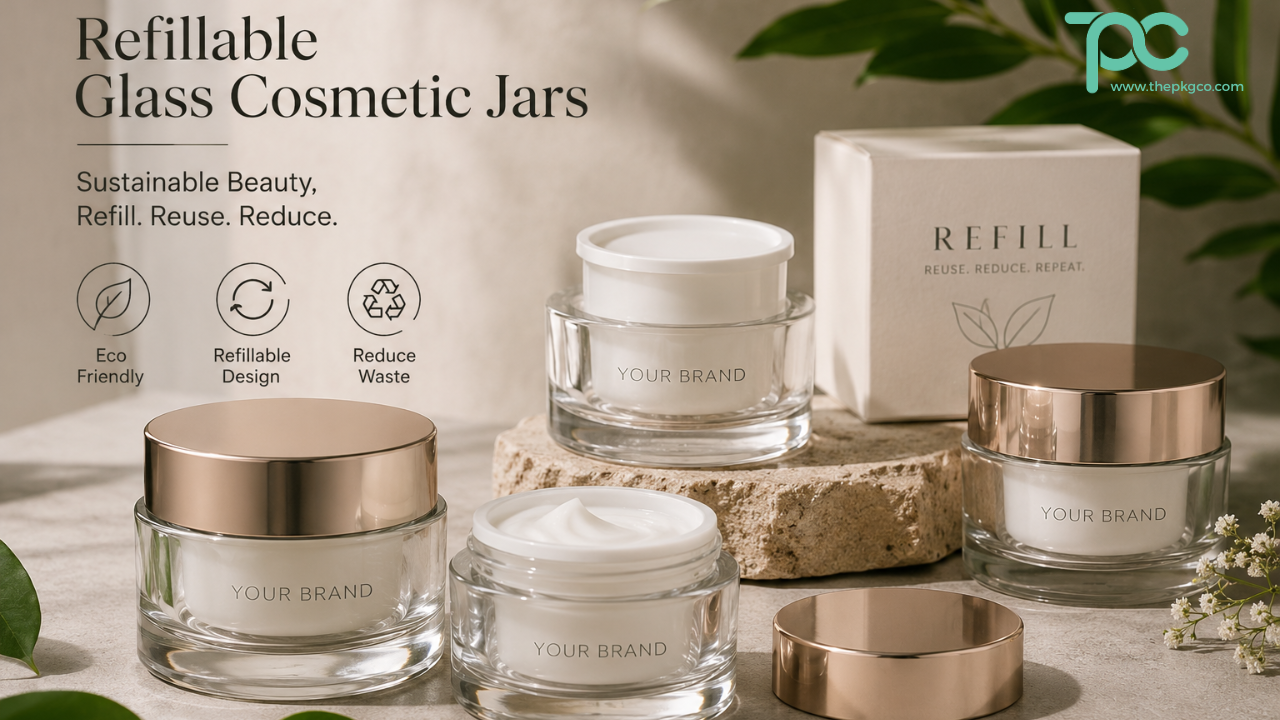 Refillable glass cosmetic jars for sustainable skincare packaging with reusable luxury beauty containers