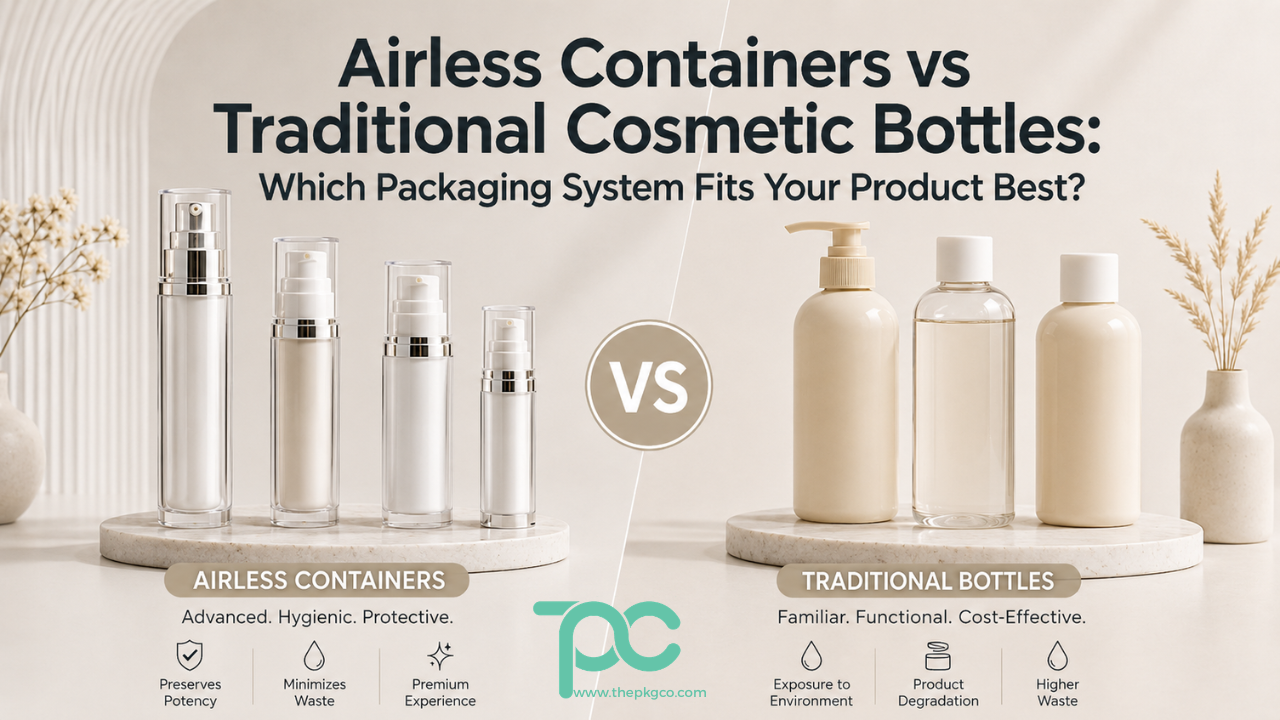 Airless containers vs traditional cosmetic bottles comparison for skincare packaging, showing airless pump bottles and standard cosmetic bottle options.