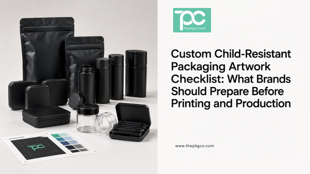 Custom child-resistant packaging artwork checklist for brands, showing black CR packaging options and print-ready artwork preparation.