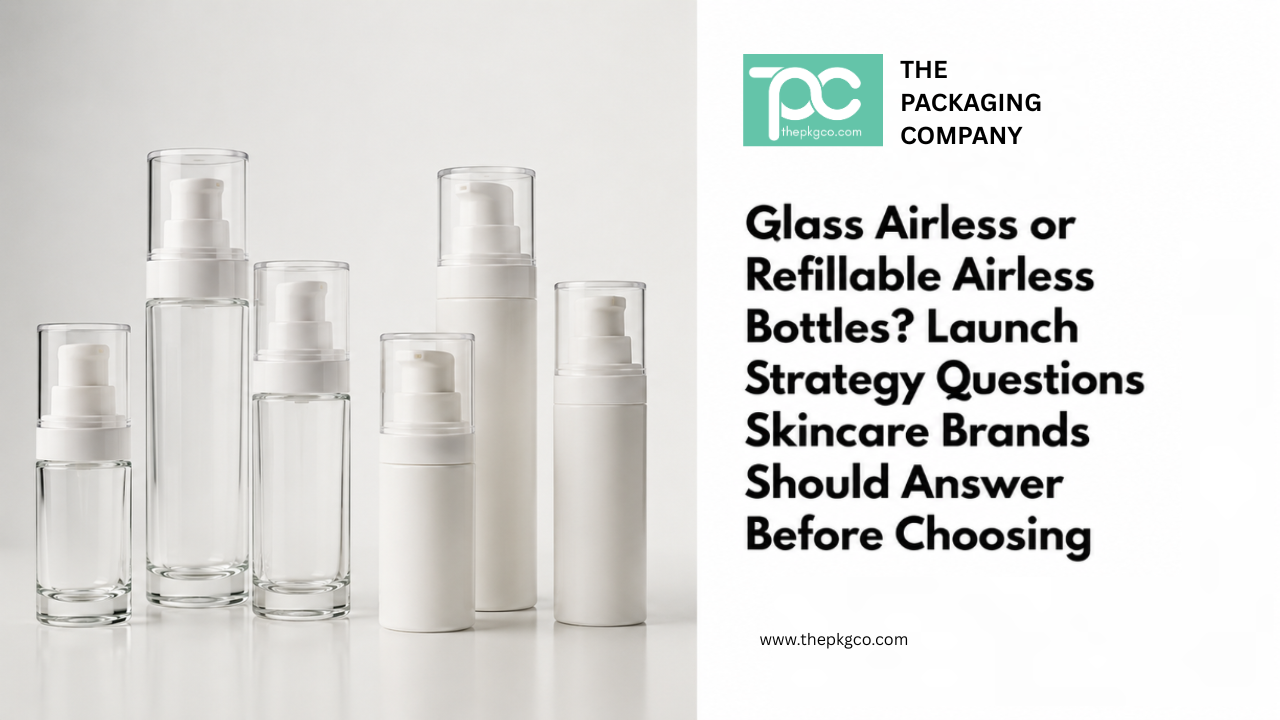 Glass airless and refillable airless bottle comparison for skincare brands, showing premium airless packaging options and launch strategy considerations.