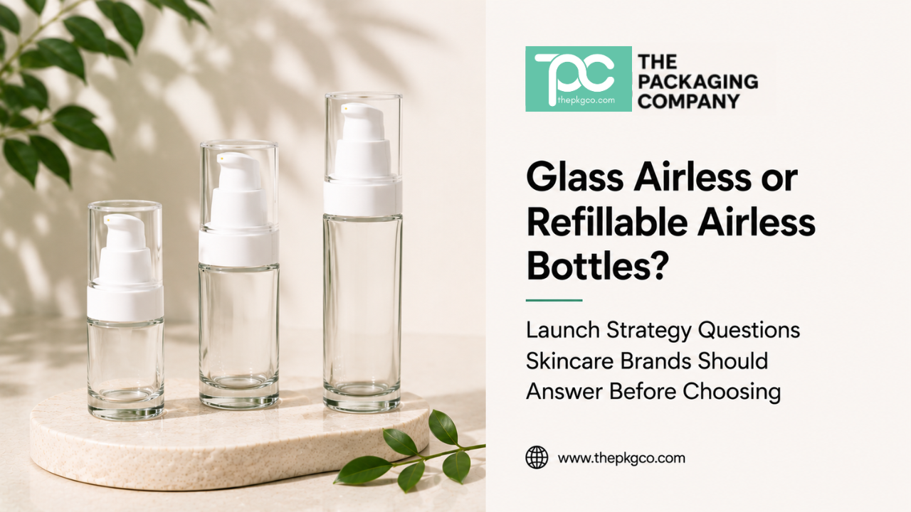 Glass airless bottle and refillable airless bottle comparison for skincare brands, showing airless packaging options for launch strategy planning.