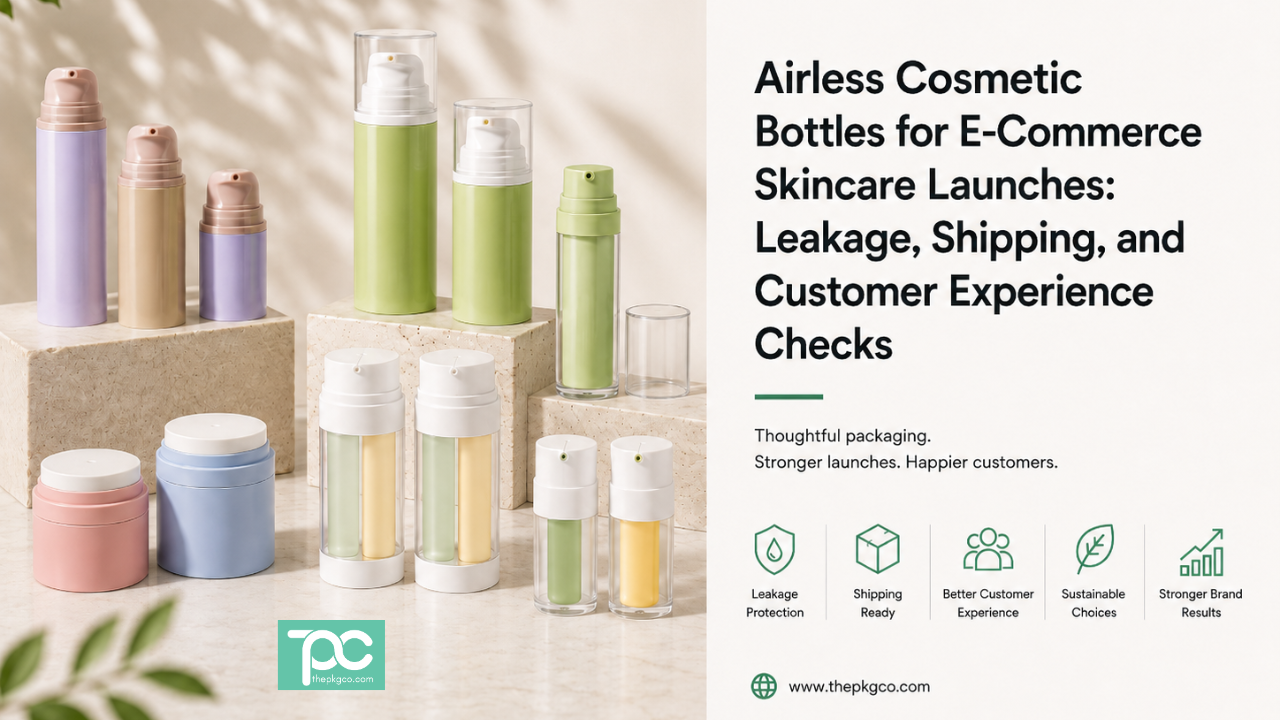 Airless cosmetic bottles for e-commerce skincare launches, showing airless packaging options with leakage, shipping, and customer experience checks.