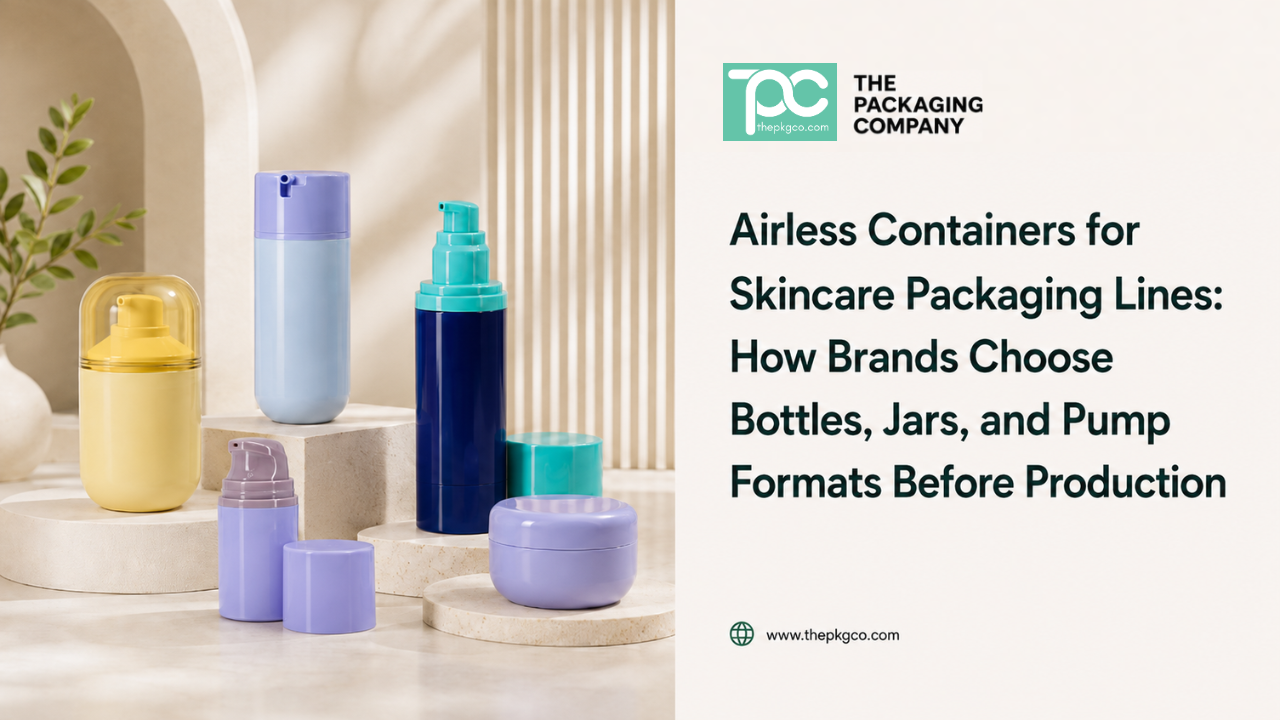 Airless containers for skincare packaging lines, showing bottles, jars, and pump formats for cosmetic brand production planning.