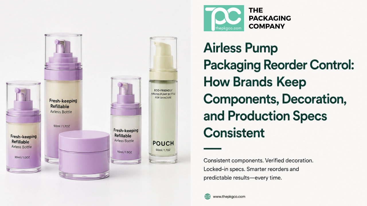 Airless pump packaging reorder control guide for cosmetic brands, showing purple airless bottles and jar packaging with consistent components and decoration specs.