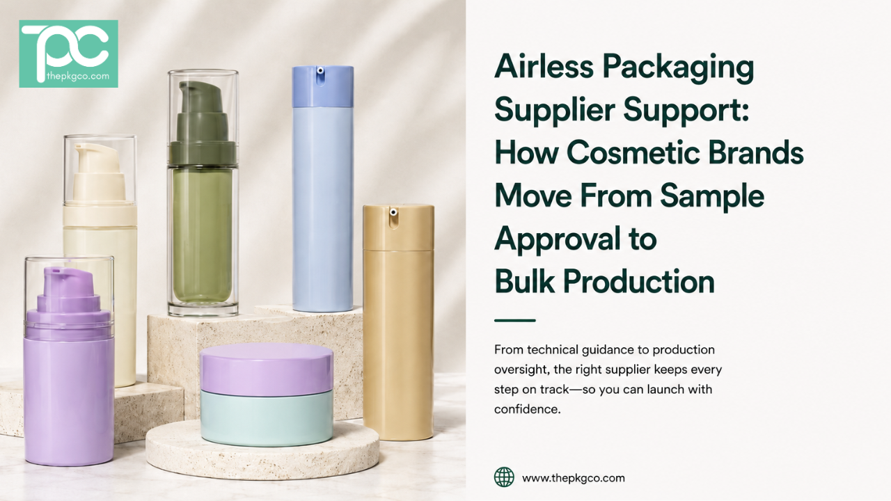 Airless packaging supplier support guide for cosmetic brands, showing airless bottles and jars with sample approval and bulk production planning.