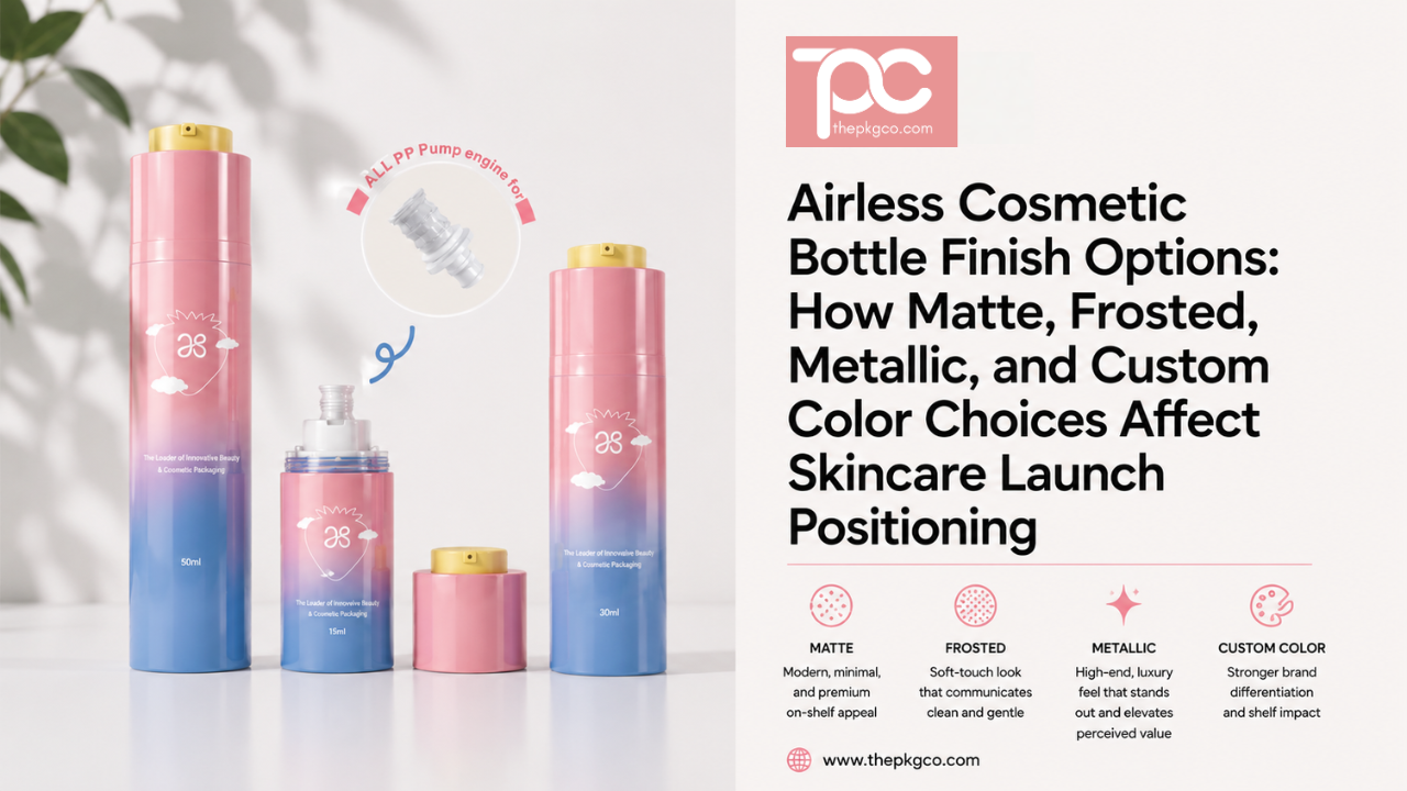 Airless cosmetic bottle finish options for skincare brands, showing matte, frosted, metallic, and custom color packaging designs.