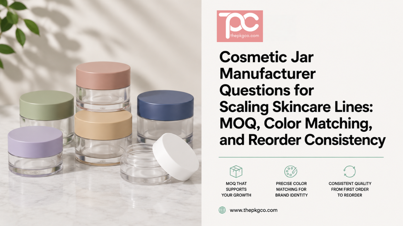 Cosmetic jar manufacturer guide for skincare brands, showing jar packaging options and production planning factors such as MOQ, color matching, and reorder consistency.
