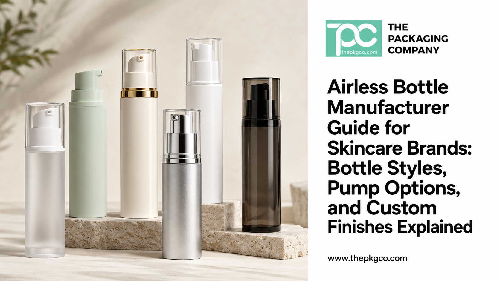 Airless bottle manufacturer guide for skincare brands, showing airless pump bottle styles, pump options, and custom finish examples.