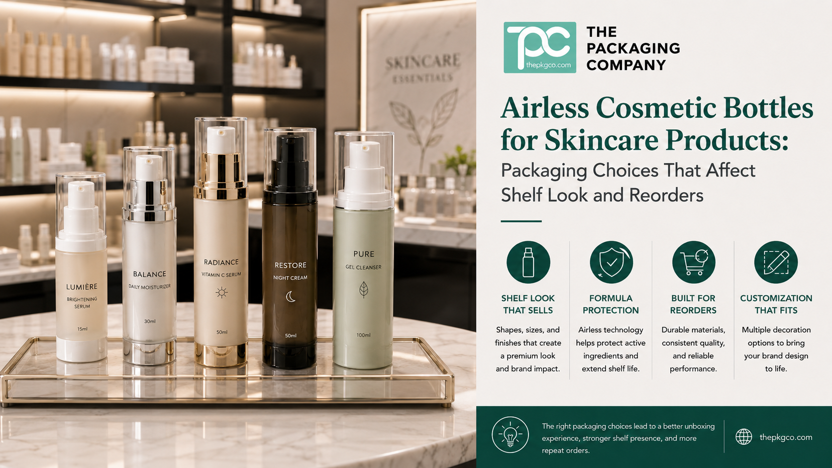 Airless cosmetic bottles for skincare products, showing premium airless pump packaging options with shelf look, formula protection, and reorder planning considerations.