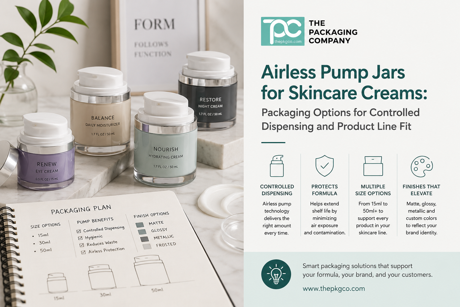 Airless pump jars for skincare creams, showing controlled dispensing jar packaging options with size, finish, and product line planning considerations.