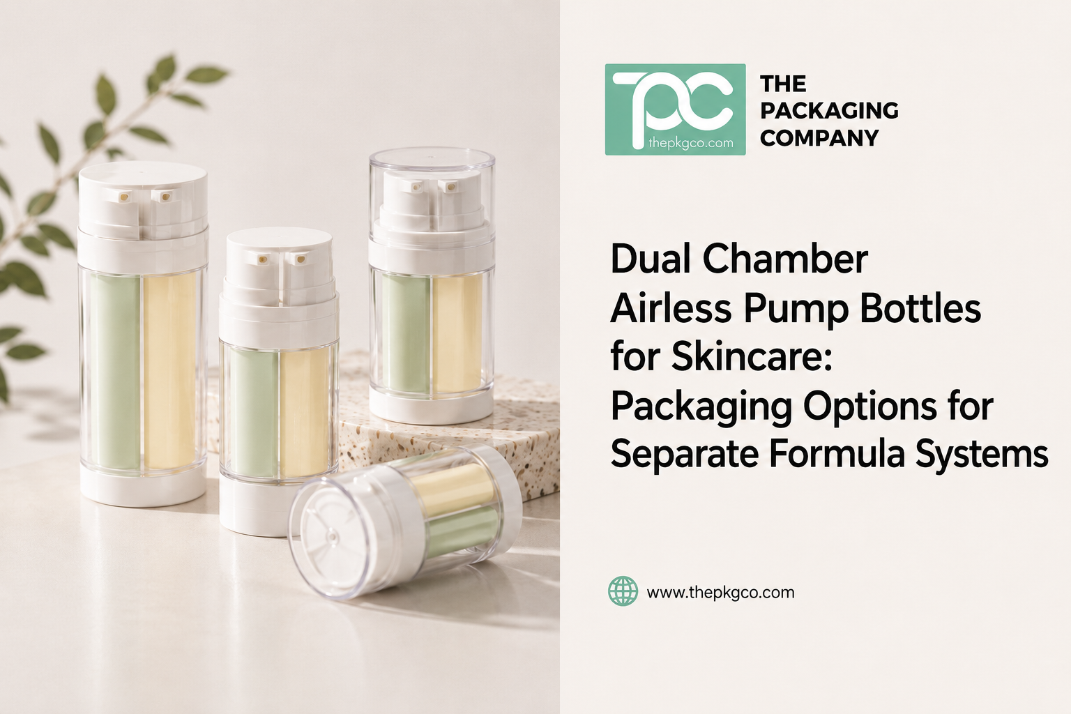 Dual chamber airless pump bottles for skincare, showing separate formula packaging systems with two-compartment airless dispensing.
