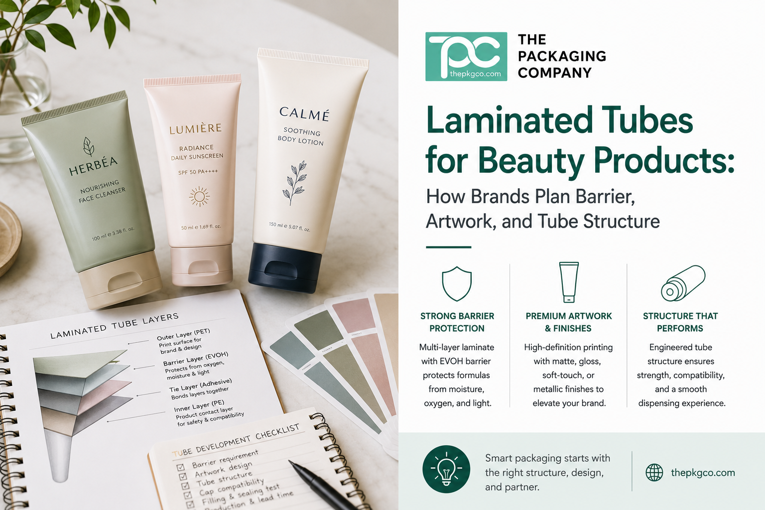 Laminated tubes for beauty products, showing cosmetic tube packaging with barrier protection, artwork, and tube structure planning considerations.