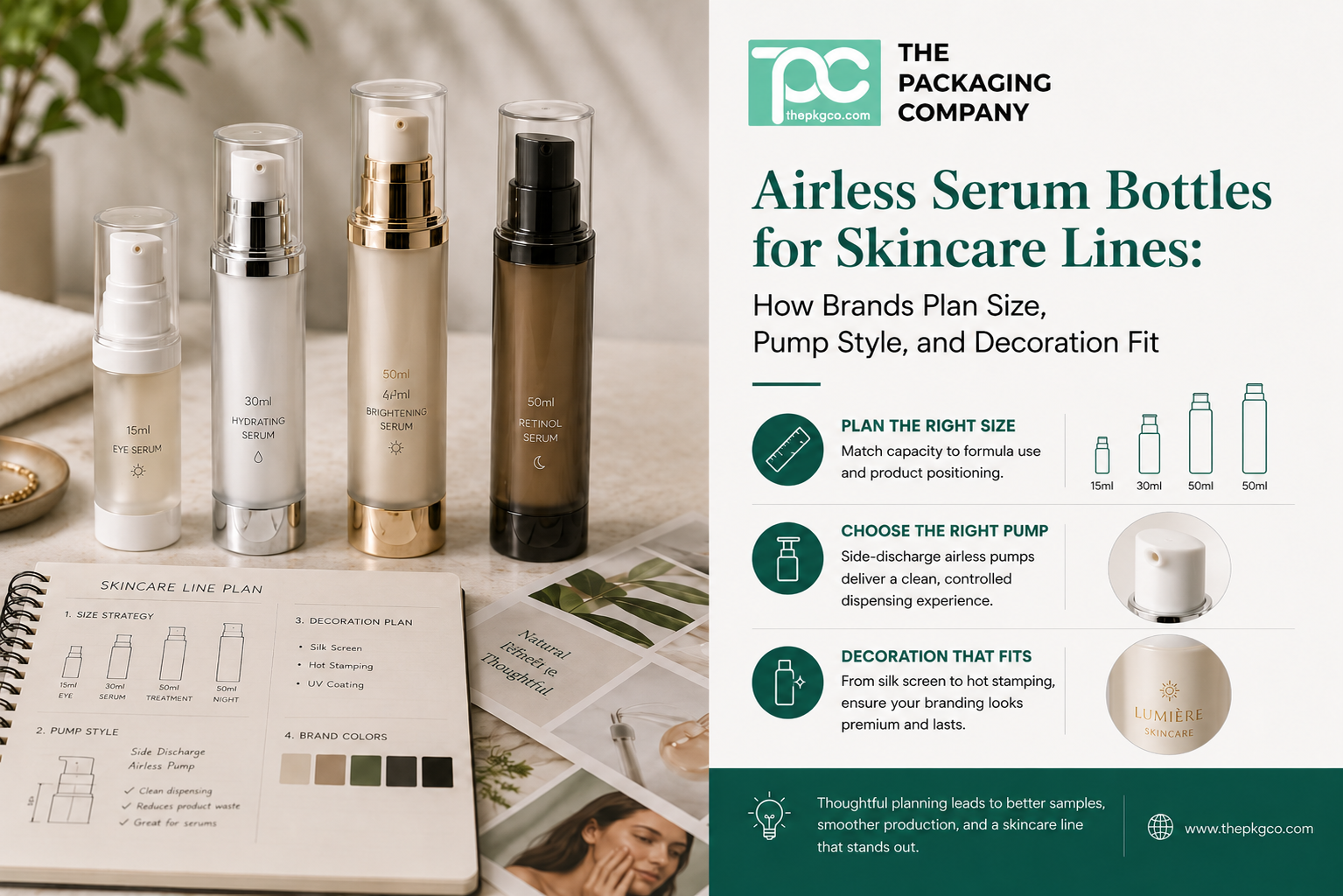 Airless serum bottles for skincare lines, showing serum bottle packaging options with size, pump style, and decoration planning considerations.