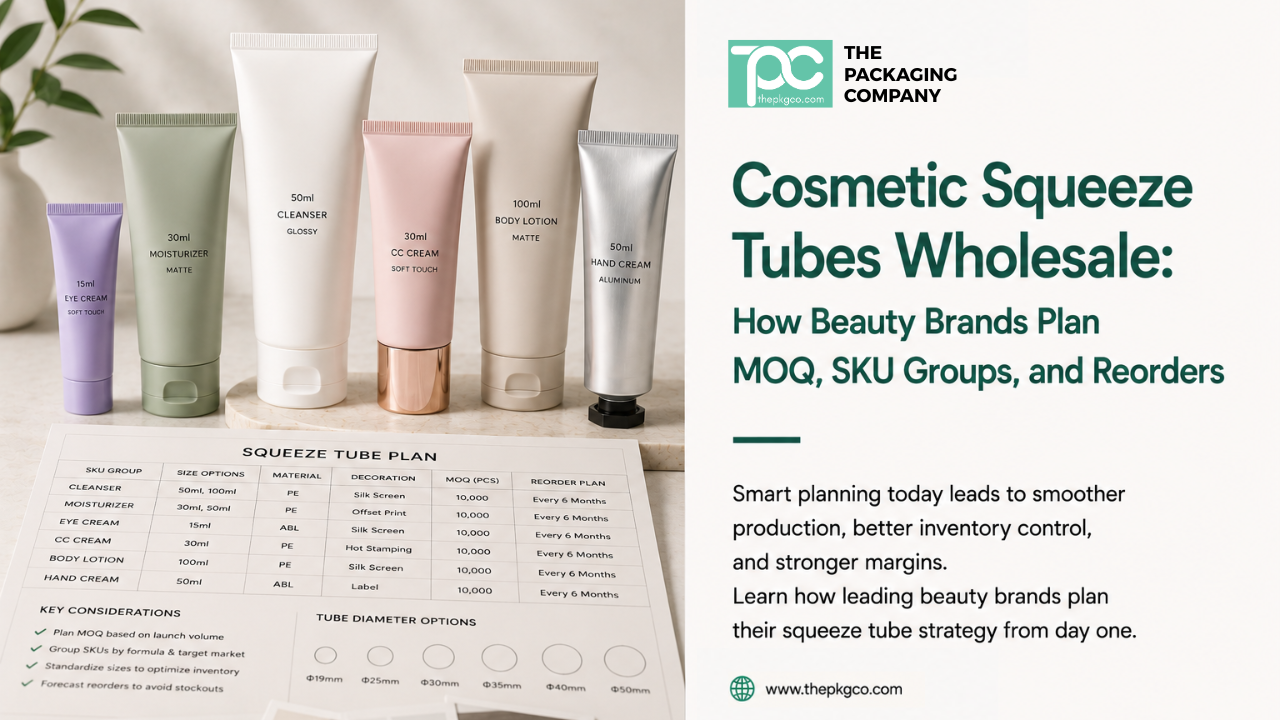 Cosmetic squeeze tubes wholesale guide for beauty brands, showing tube packaging options with MOQ, SKU grouping, and reorder planning considerations.