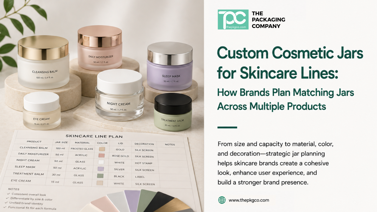 Custom cosmetic jars for skincare lines, showing matching jar packaging options with material, lid, color, and decoration planning.