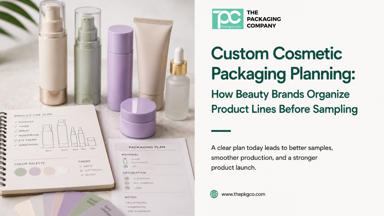 Custom cosmetic packaging planning guide for beauty brands, showing bottles, jars, tubes, and product line organization before sampling.