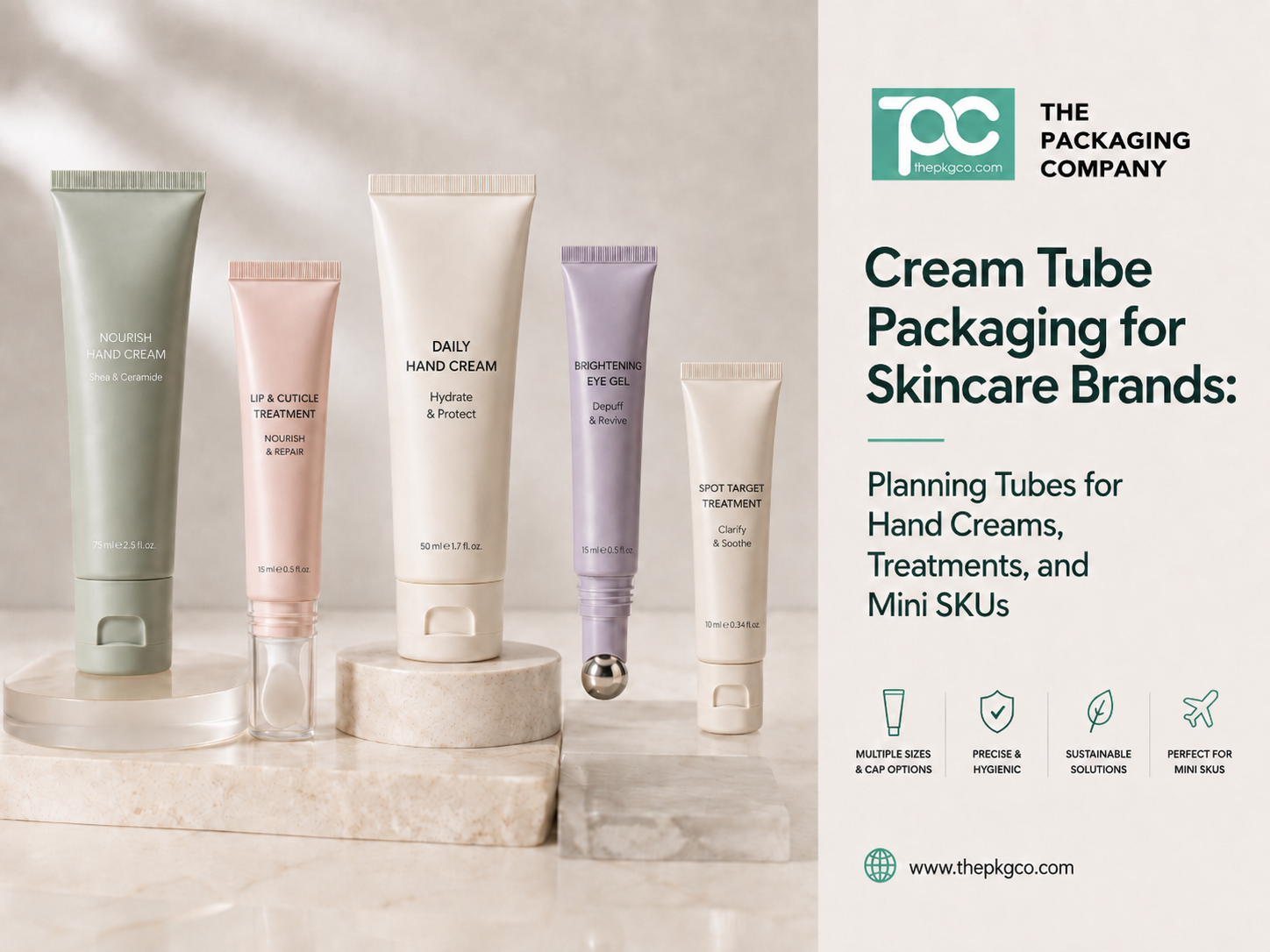 Cream tube packaging for skincare brands, showing cosmetic tube options for hand creams, treatments, eye gels, and mini SKUs.