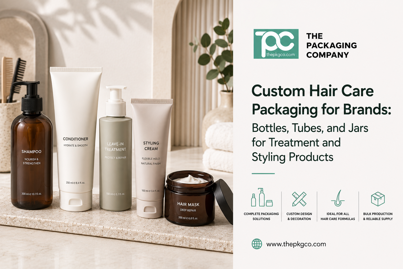 Custom hair care packaging for brands, showing bottles, tubes, and jars for shampoo, conditioner, leave-in treatments, styling cream, and hair masks.