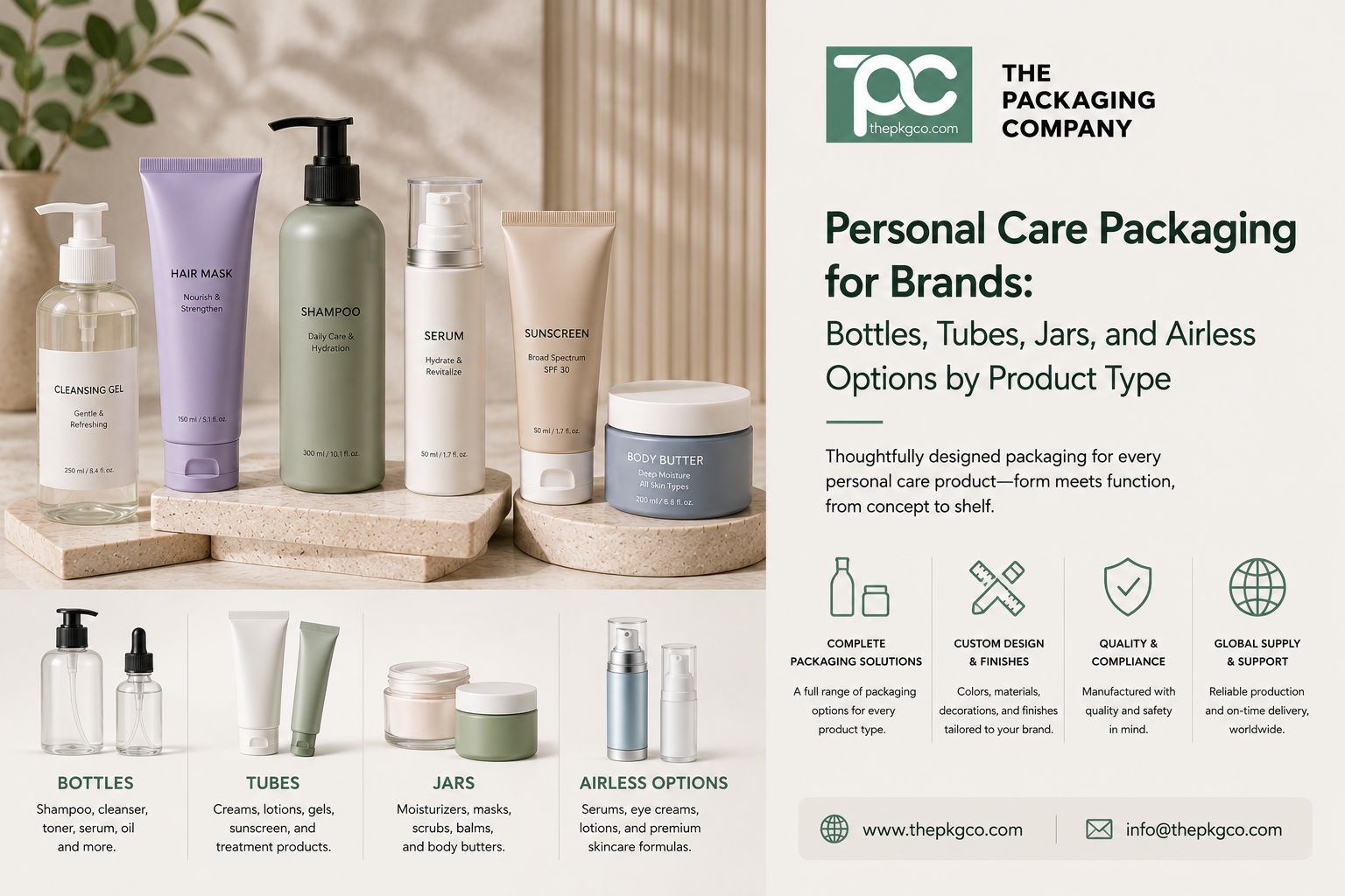 Personal care packaging for brands, showing bottles, tubes, jars, and airless options for skincare, hair care, body care, and sunscreen products.