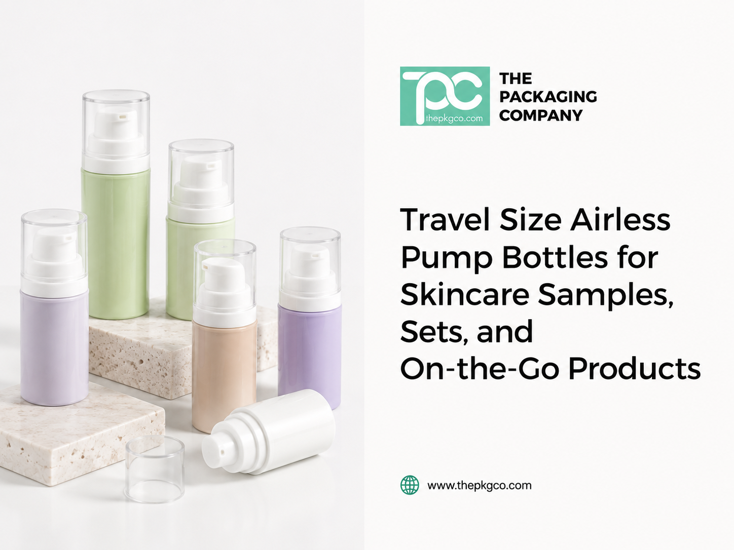 Travel size airless pump bottles for skincare samples, sets, and on-the-go products, showing compact airless packaging options in pastel colors.