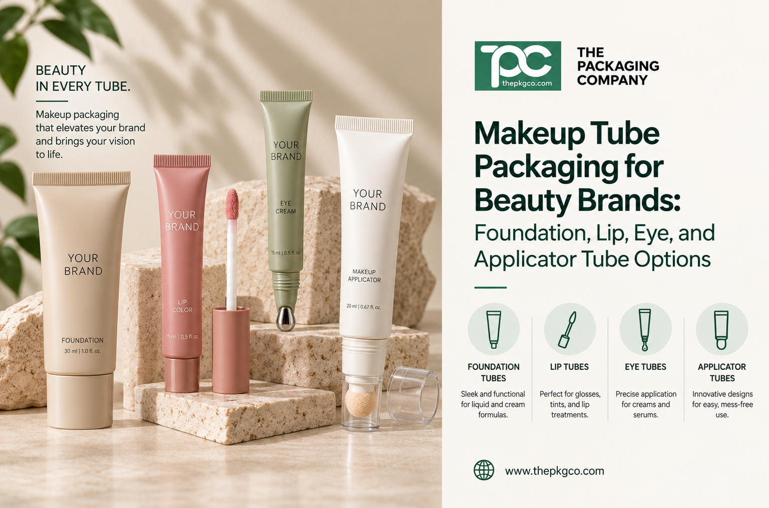 Makeup tube packaging for beauty brands, showing foundation, lip, eye, and applicator tube options for cosmetic formulas.