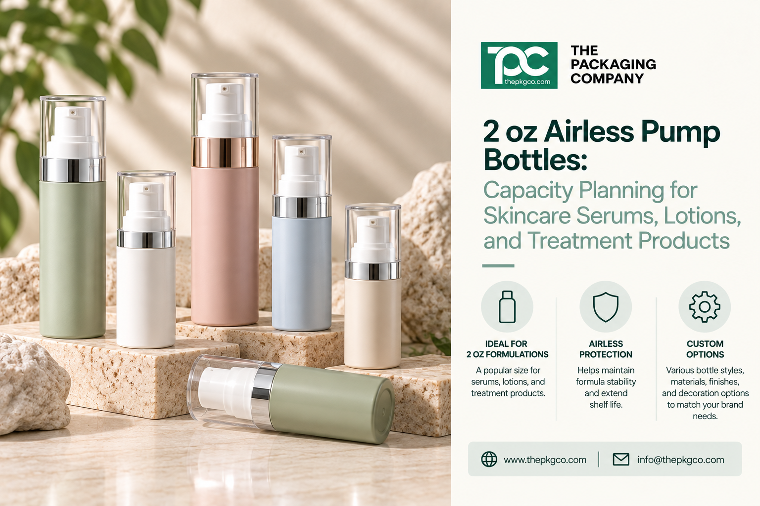 2 oz airless pump bottles for skincare serums, lotions, and treatment products, showing airless bottle packaging options with capacity and customization considerations.