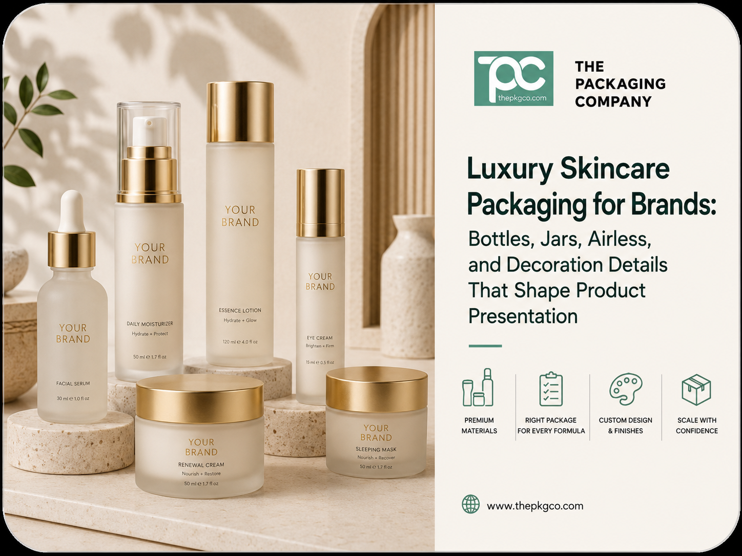 Luxury skincare packaging for brands, showing premium bottles, jars, airless packaging, and gold decoration details for product presentation.