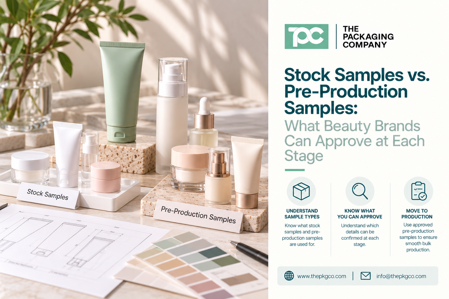 Stock samples vs pre-production samples for cosmetic packaging, showing skincare bottles, jars, tubes, and airless packaging for sample approval.