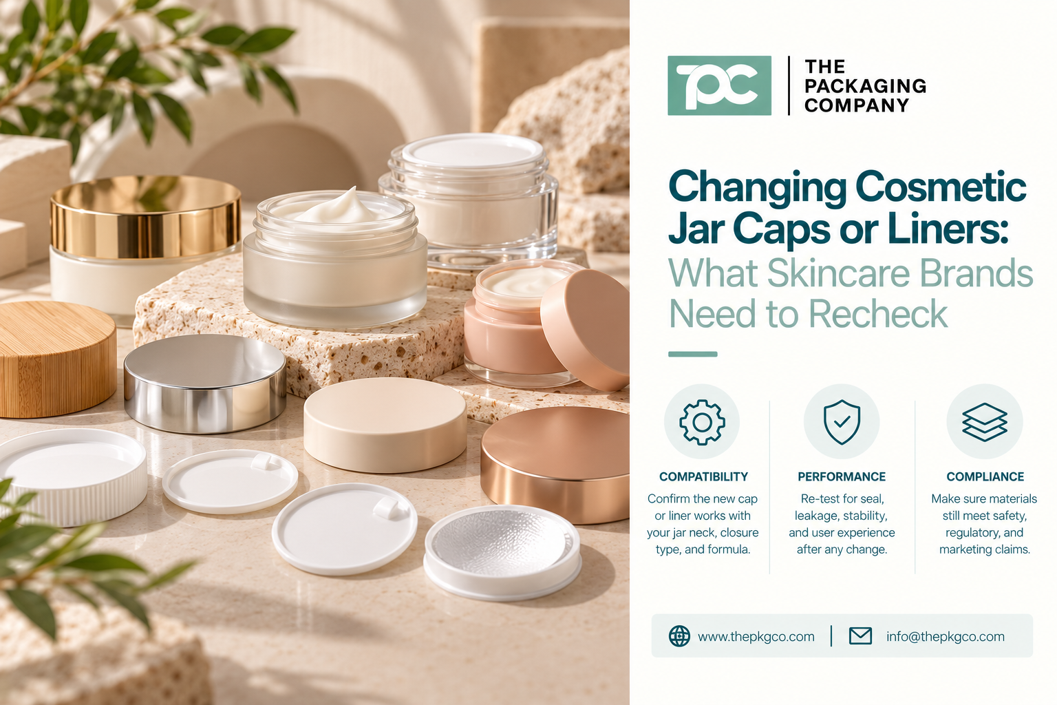 Cosmetic jar caps and liners for skincare packaging, showing cream jars with different lid materials, closure styles, and inner sealing components.